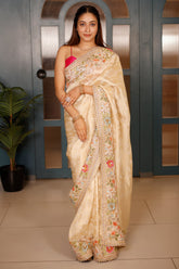 Golden Dola Silk Floral Woven Saree with Sequin Cutdana and Resham Work Border